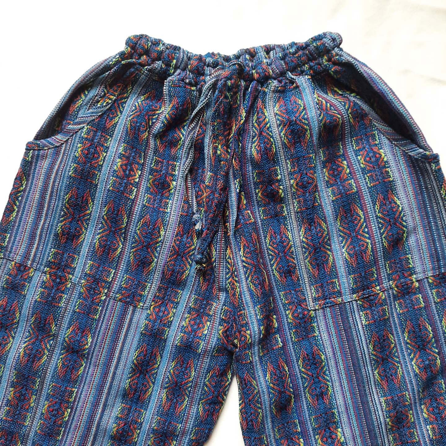 Pants Size XL | Woven Mens Hippie Pants | Womens Pants with 4 Pockets | Loungewear | Blue Yellow | Father's Day Gift