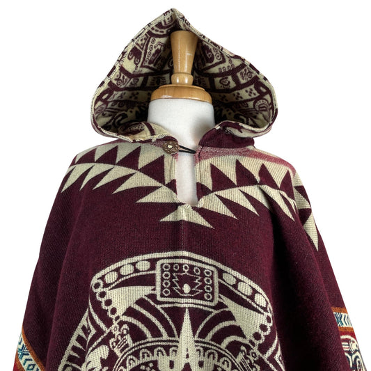 Warm Hooded Unisex Aztec Calendar Poncho | Wine Beige