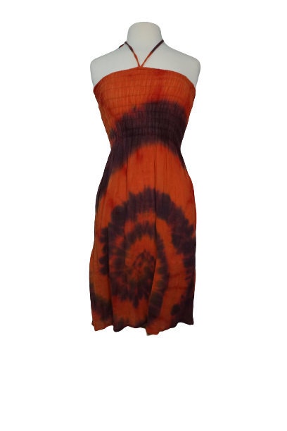 Orange Brown Tie Dye Dress Size S | Hippie Dress | Boho Tribal Dress | Halter Gauze Dress | Summer Outfits | Elastic Top Dress |
