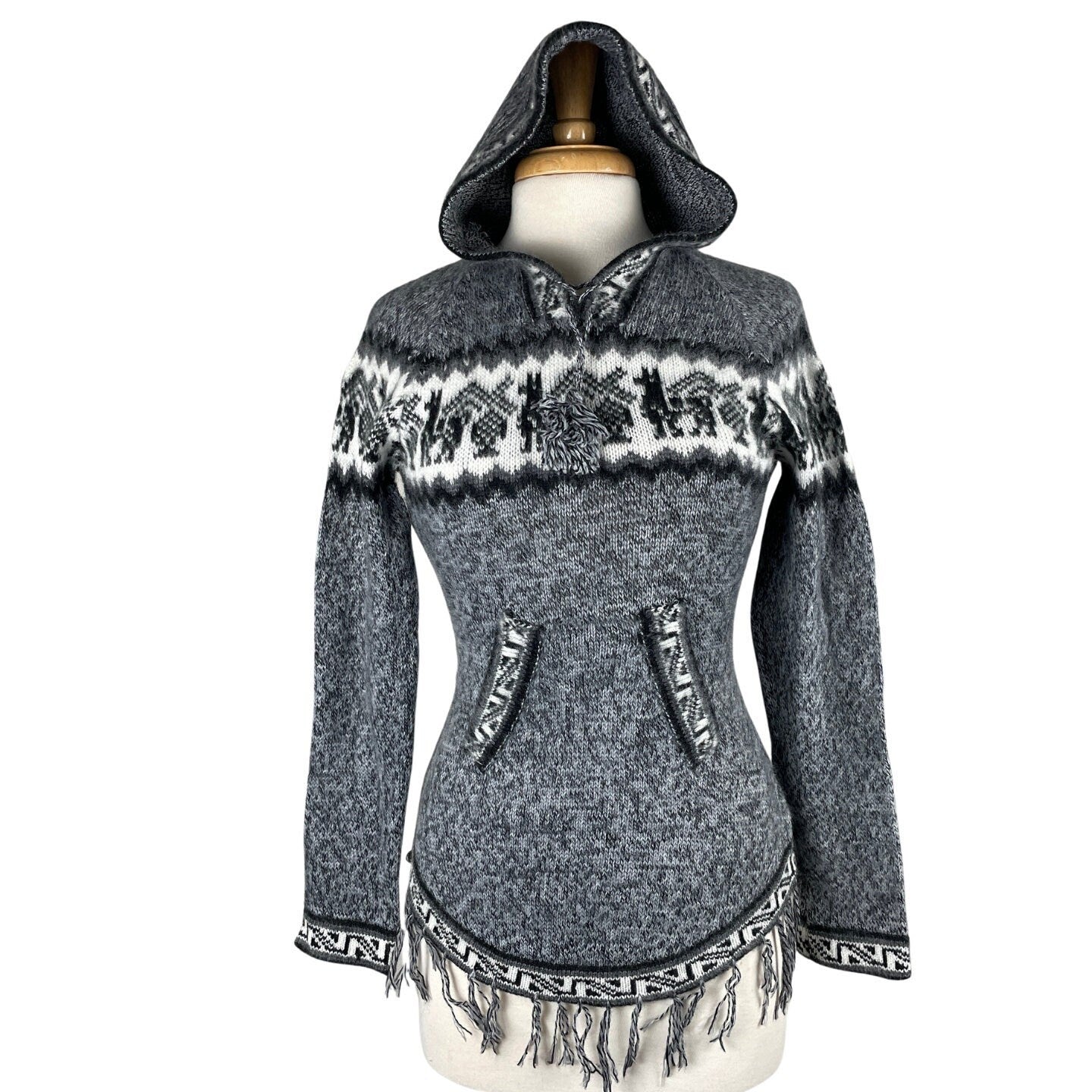 Soft Hooded Alpaca Sweater | Dark Gray White