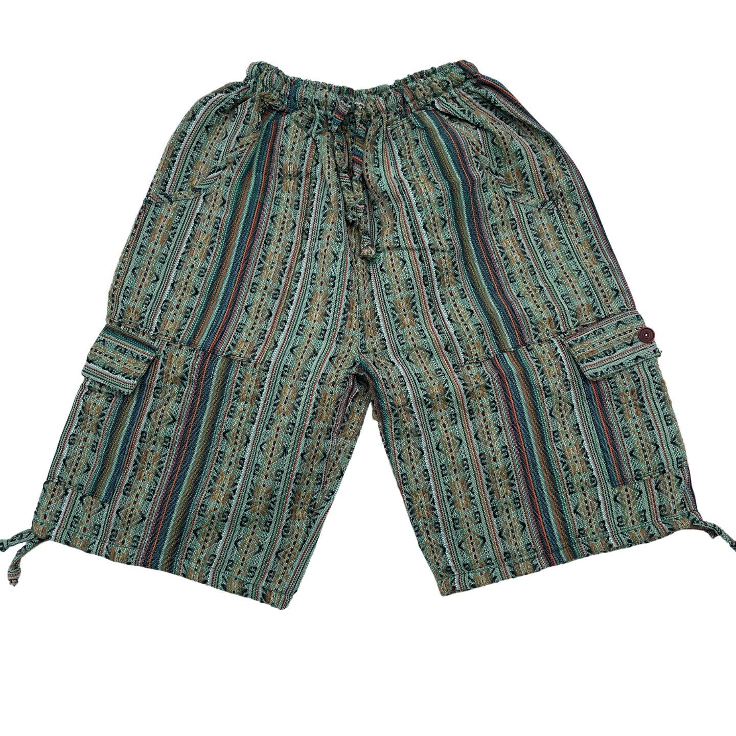 Unisex Woven Boho Cargo Shorts Size L | Hippie Shorts | Tribal Shorts | Laurel Green Macchiato