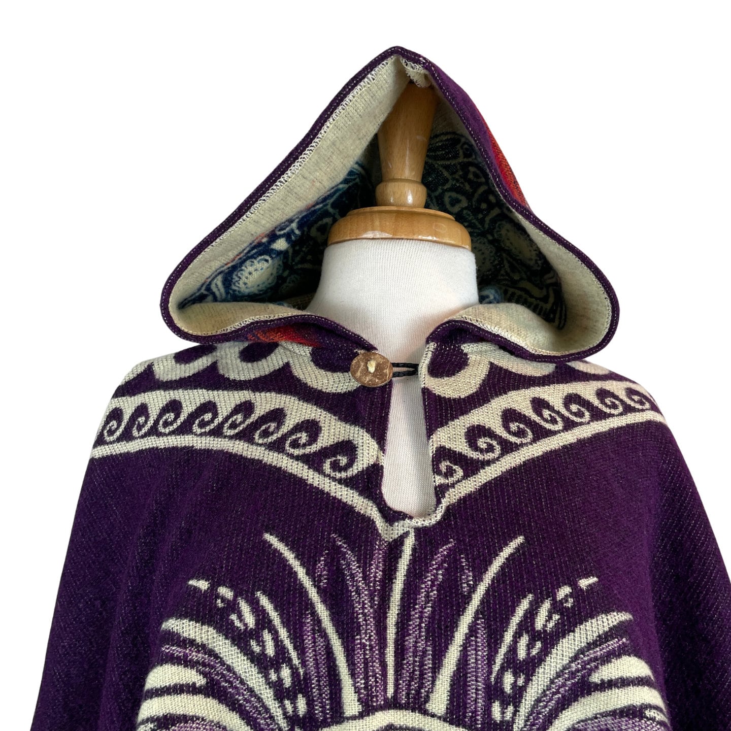 Warm Hooded Unisex Poncho | Alpaca Wool Poncho Cape | Hippie Poncho Jacket | Mens Poncho Hoodie Coat | Catrina Skull | Dark Purple Beige