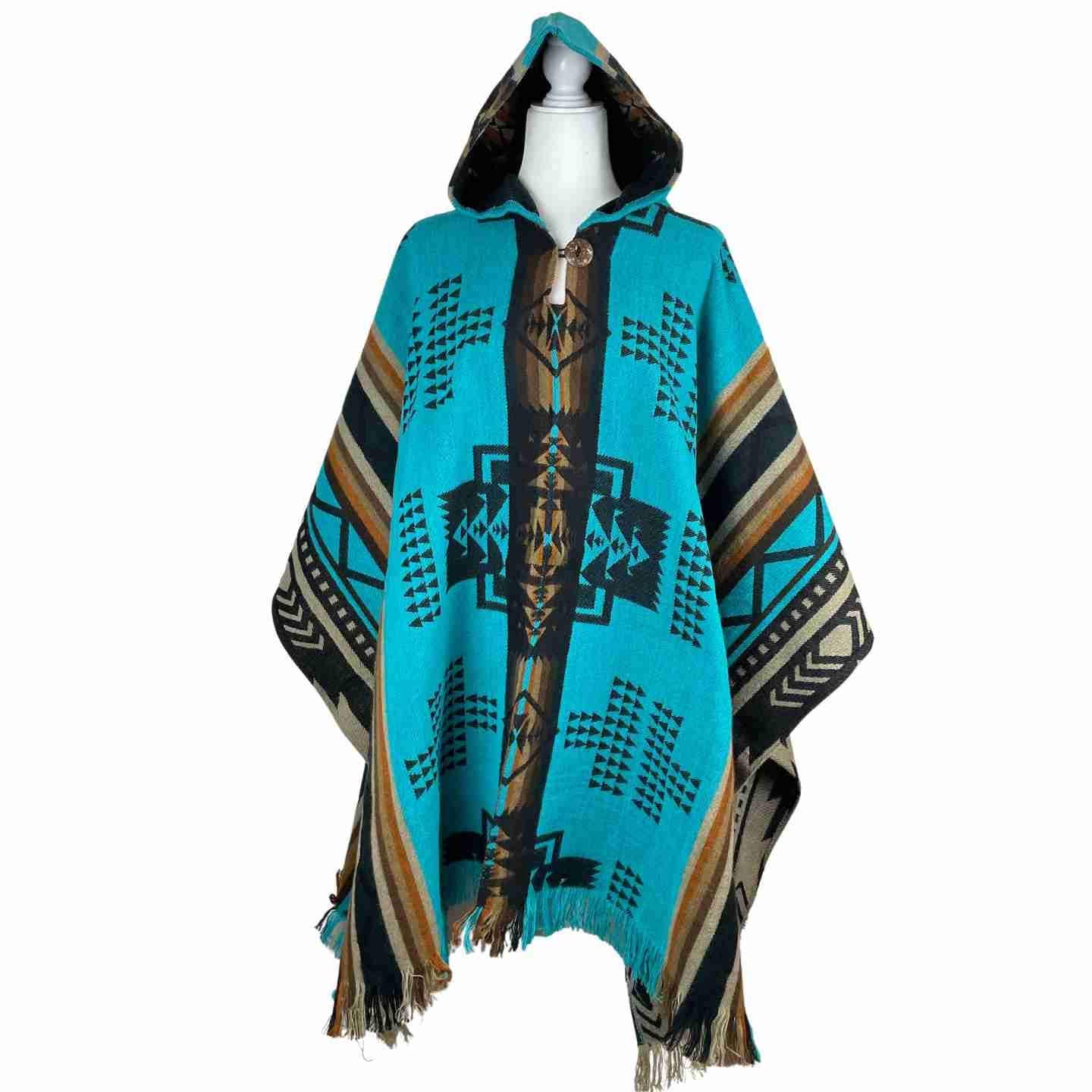 Versatile Mens and Womens Hooded Poncho | Dark Turquoise Tan Brown
