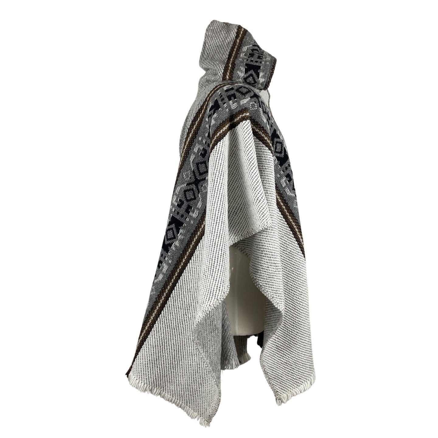 Weighted Hippie Hooded Sheep Wool Poncho | White Gray Brown