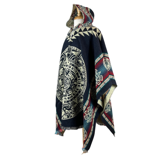 Warm Hooded Aztec Calendar Poncho | Navy Beige