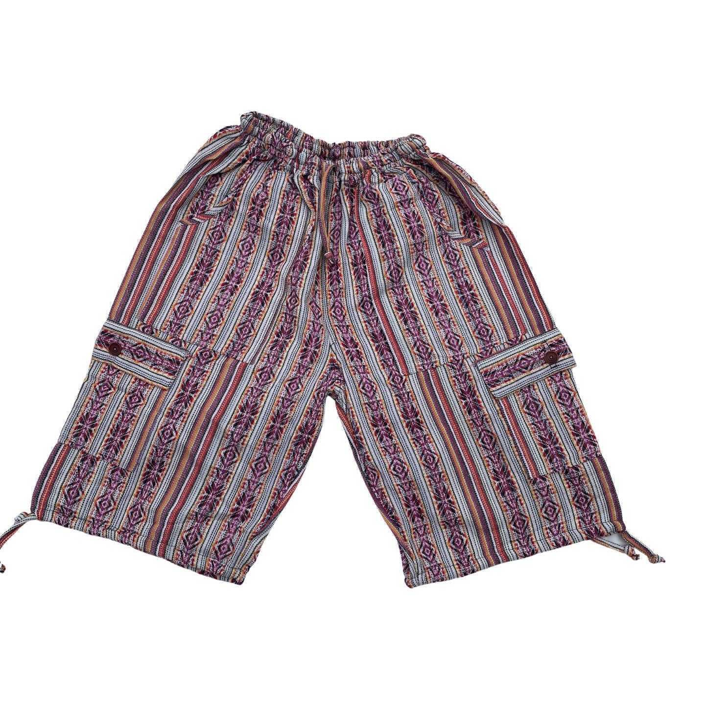 Unisex Woven Boho Cargo Shorts Size L | Hippie Shorts | Tribal Shorts | White Purple Orange
