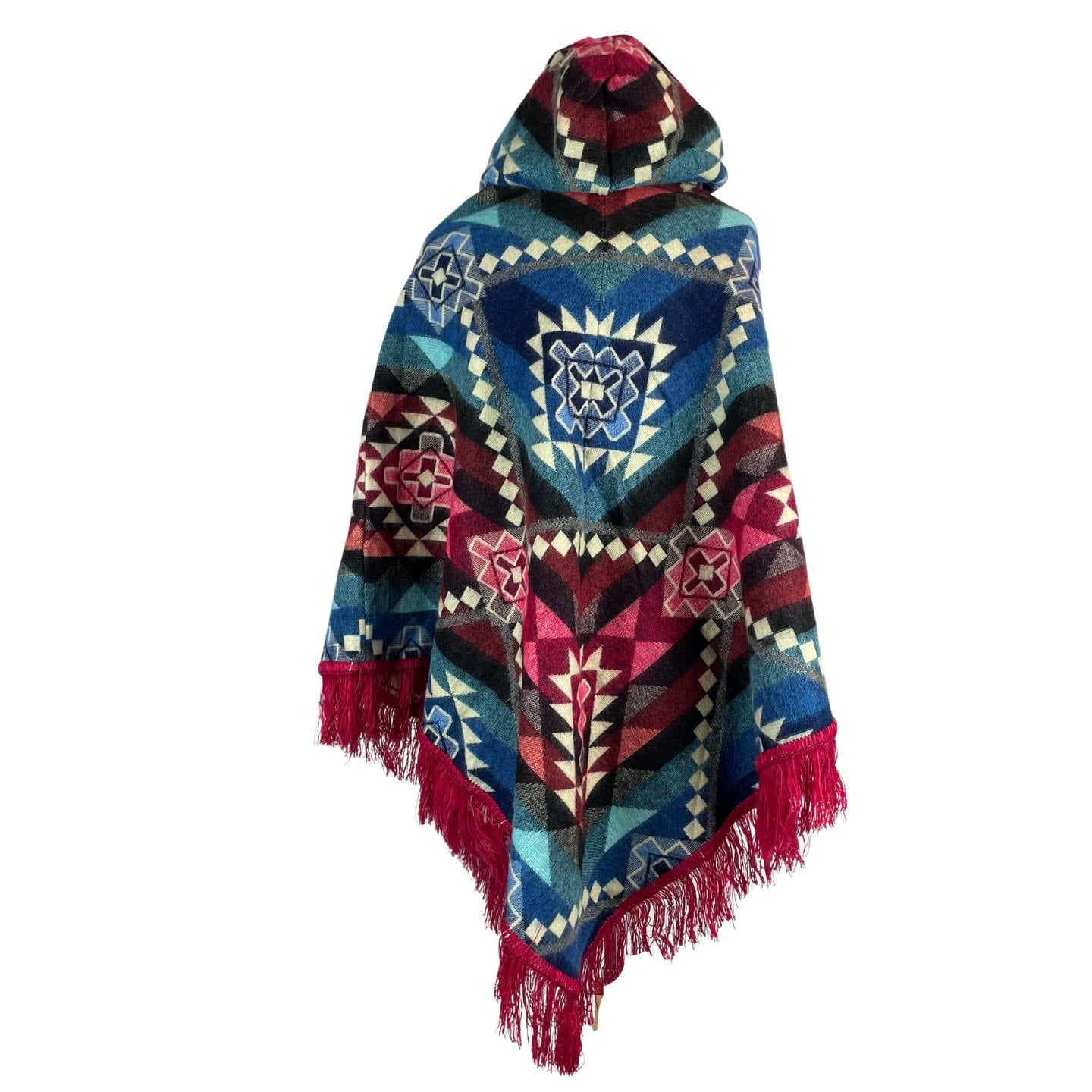 V-Shaped Alpaca Hooded Poncho | Blue Gray Pink