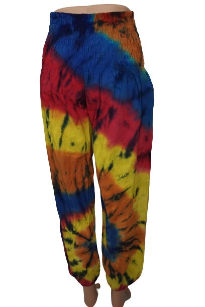 Tie Dye Pants Size L | Hippie Pants | Aladdin Pants | Womens Pants | Wide Elastic Waist | Comfy Clothes | Loungewear | Yellow Colorful