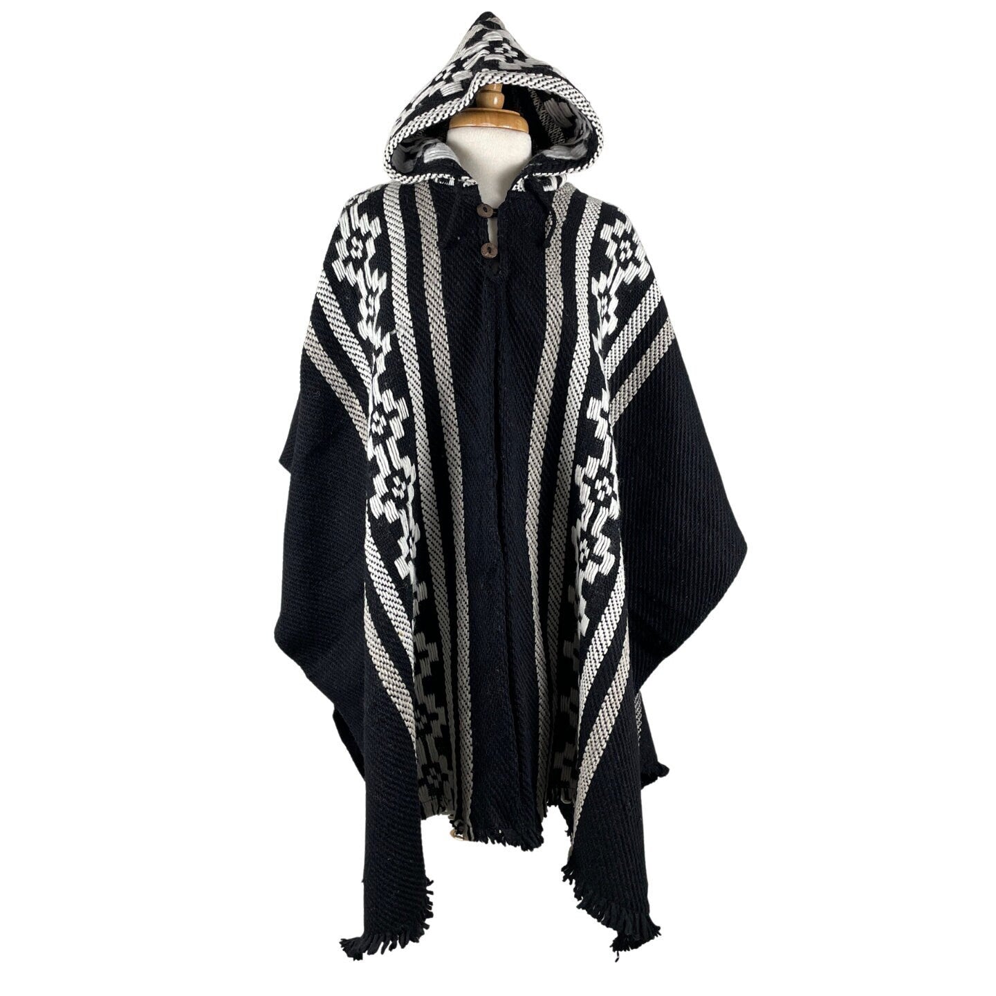 Weighted Hippie Hooded Sheep Wool Poncho | Black White