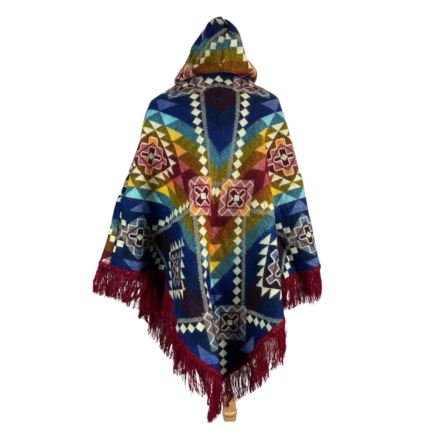V-Shaped Alpaca Hooded Poncho | Lightweight Soft Woman's Poncho | Hippie Man Poncho | Blue Colorful Red Colorful