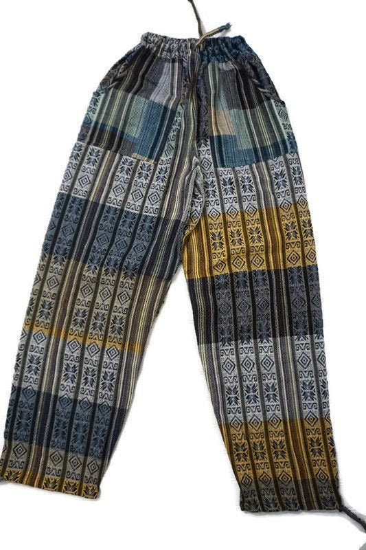 Pants Size L | Hippie Pants | Men Pants with Pockets | Comfy Pants | Yellow Blue | Lounge Wear | Father's Day Gift