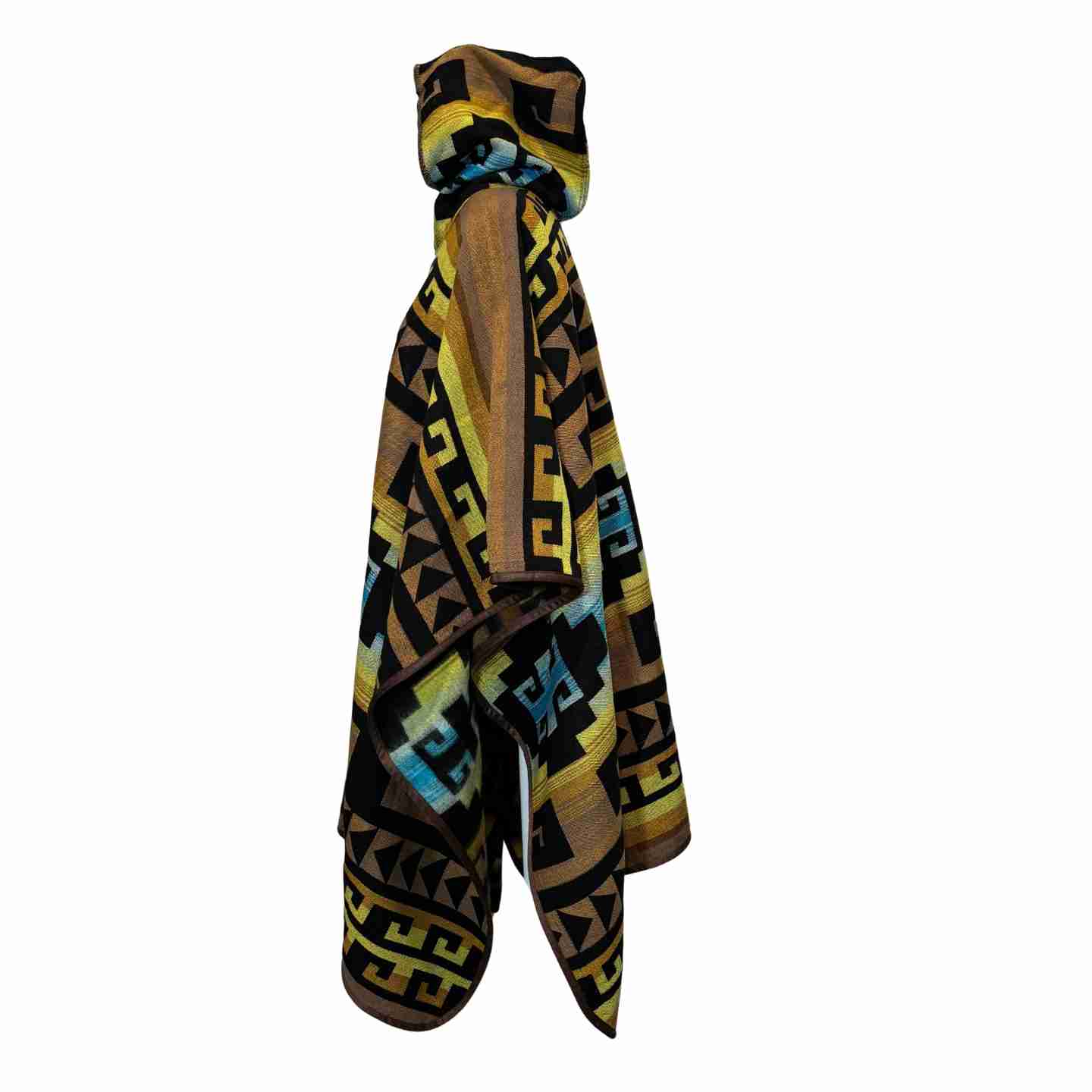 Side angle of olive and teal hooded alpaca poncho with maze-inspired geometry