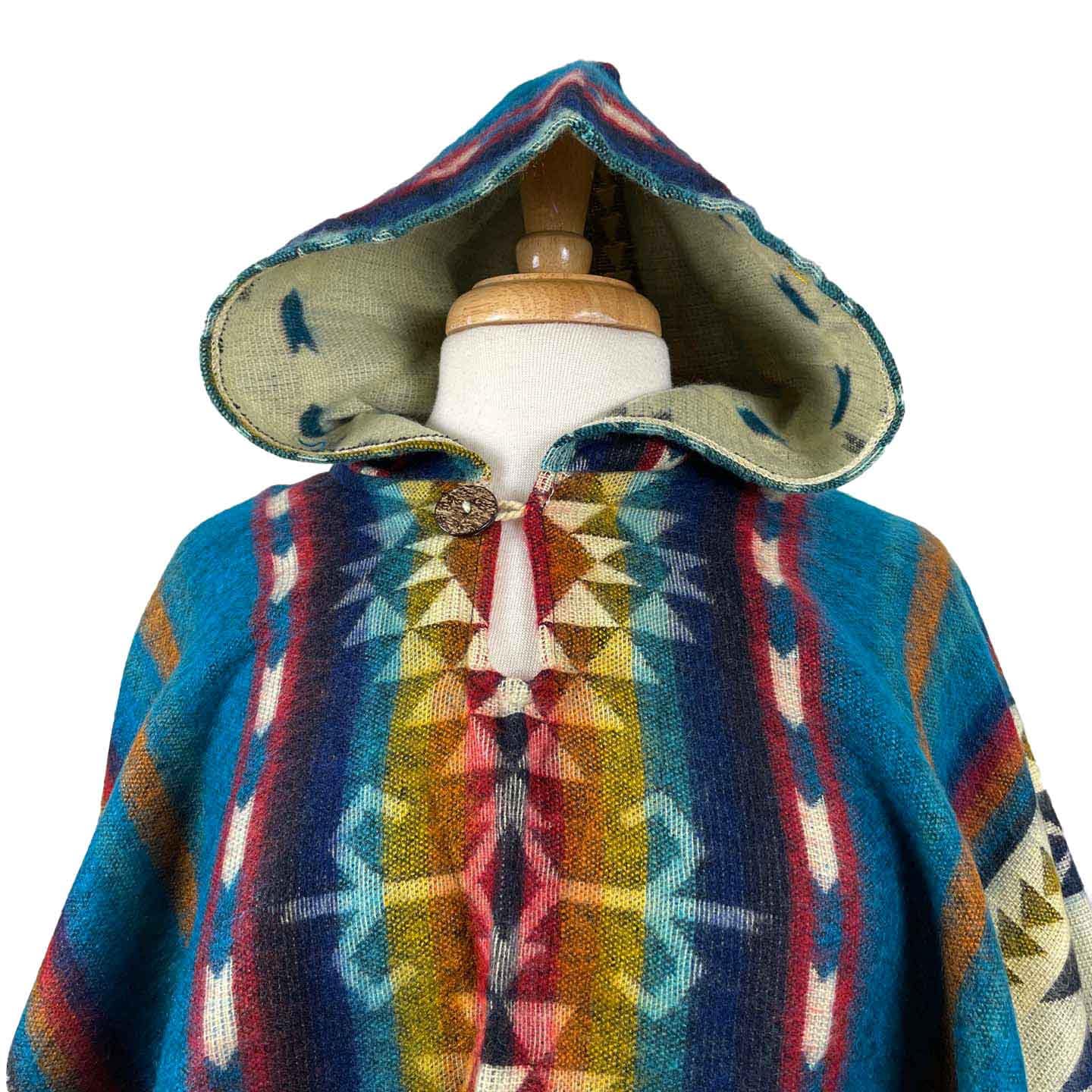 Soft & Cozy Hooded Poncho Coat | Teal Colorful Beige