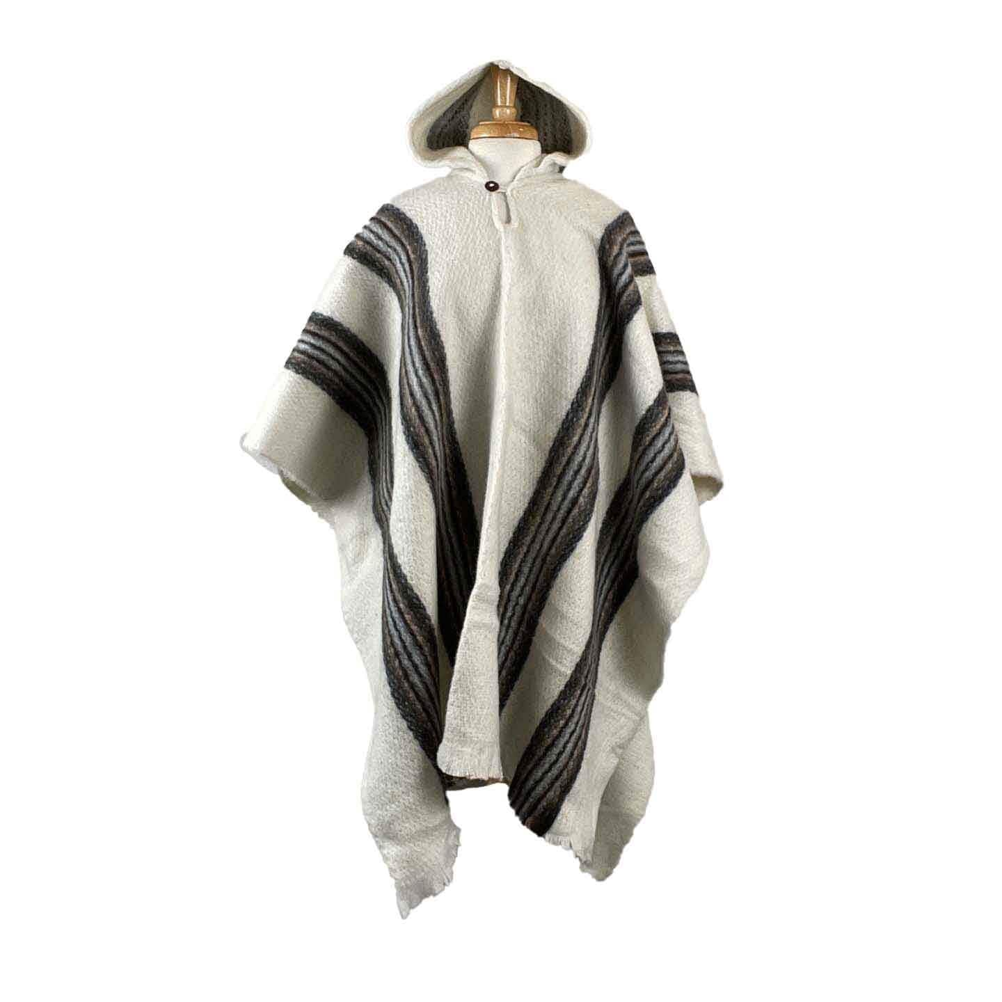 White Brown Hooded Wool Weighted Poncho