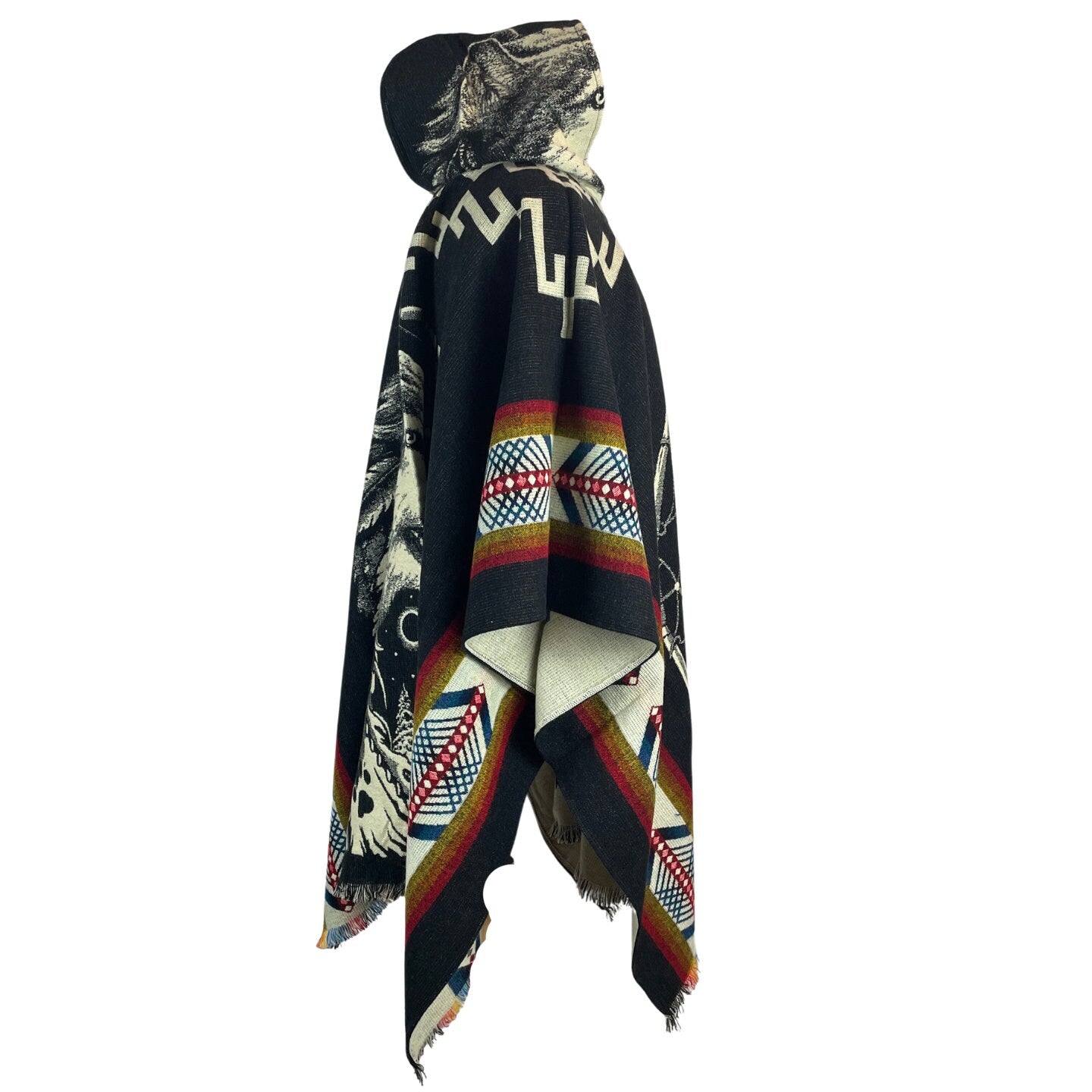 Wolf Dreamcatcher Hooded Poncho |  Black Colorful