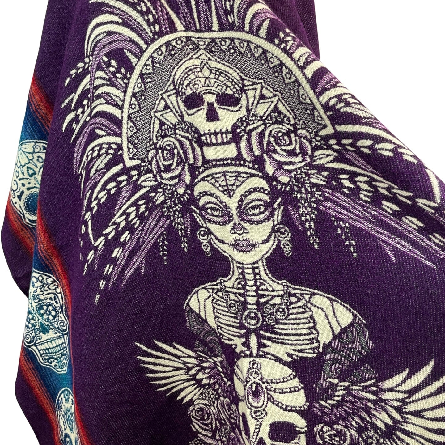 Warm Hooded Unisex Poncho | Alpaca Wool Poncho Cape | Hippie Poncho Jacket | Mens Poncho Hoodie Coat | Catrina Skull | Dark Purple Beige
