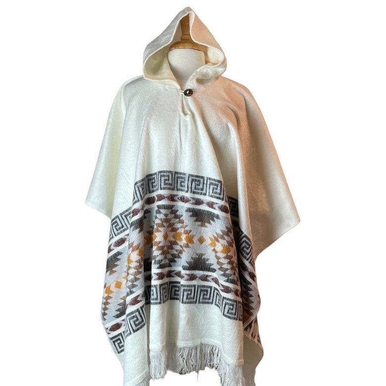 Warm Unisex Hooded Poncho  | White Brown