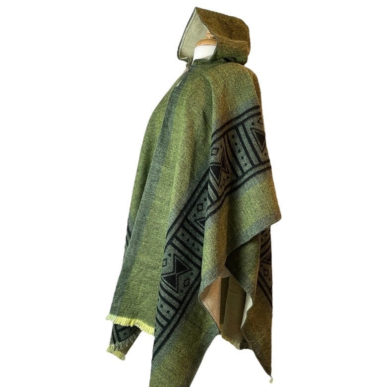 Mens Alpaca Wool Poncho Hoodie | Green Black