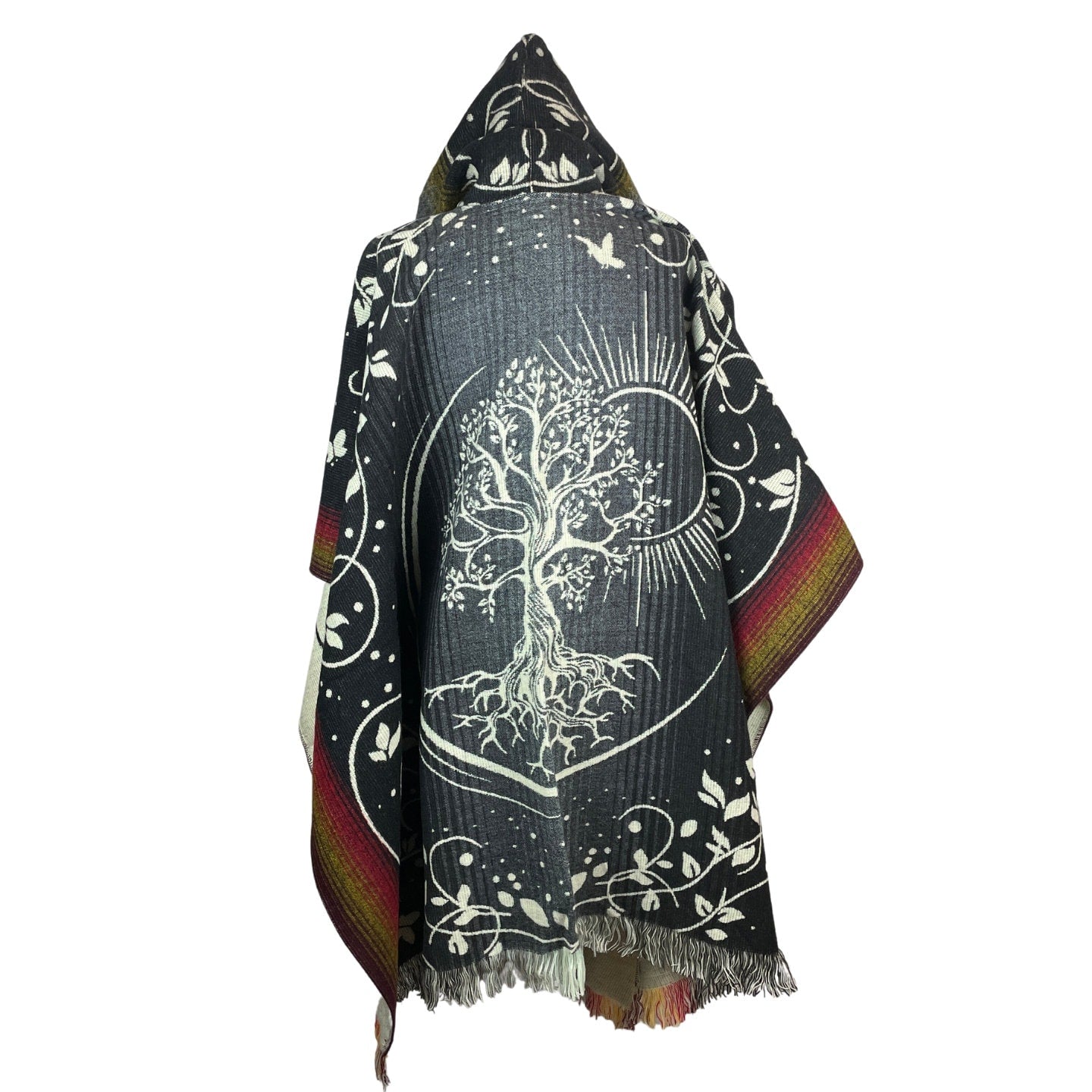 Tree of Life & Sun Faux Fur Hooded Poncho | Black Red