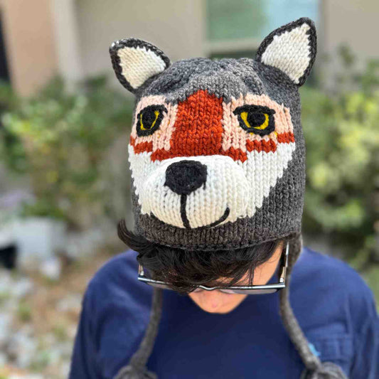 Wolf Animal Beanie Hat 100% Wool Hand-Knitted Fleece Lined Stretchy Kids Adults Unisex