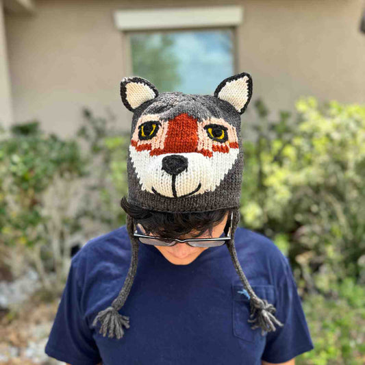 Wolf Animal Beanie Hat 100% Wool Hand-Knitted Fleece Lined Stretchy Kids Adults Unisex