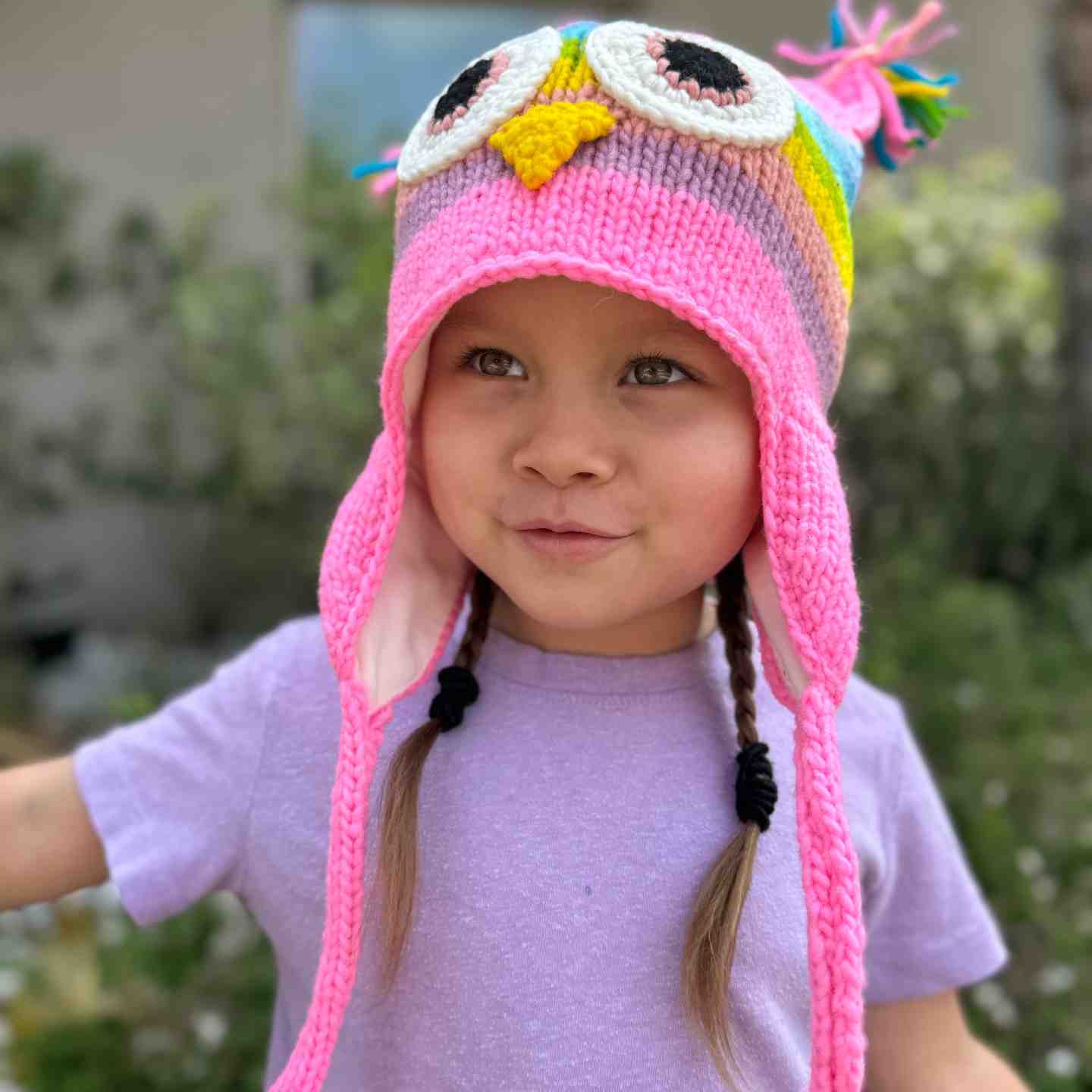 Rainbow Owl Beanie Hat 100% Wool Hand-Knitted Fleece Lined Stretchy Kids Adults Unisex