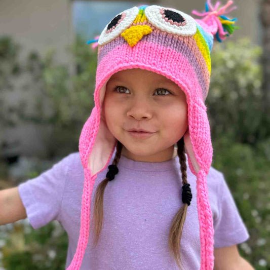Rainbow Owl Beanie Hat 100% Wool Hand-Knitted Fleece Lined Stretchy Kids Adults Unisex