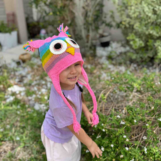 Rainbow Owl Beanie Hat 100% Wool Hand-Knitted Fleece Lined Stretchy Kids Adults Unisex