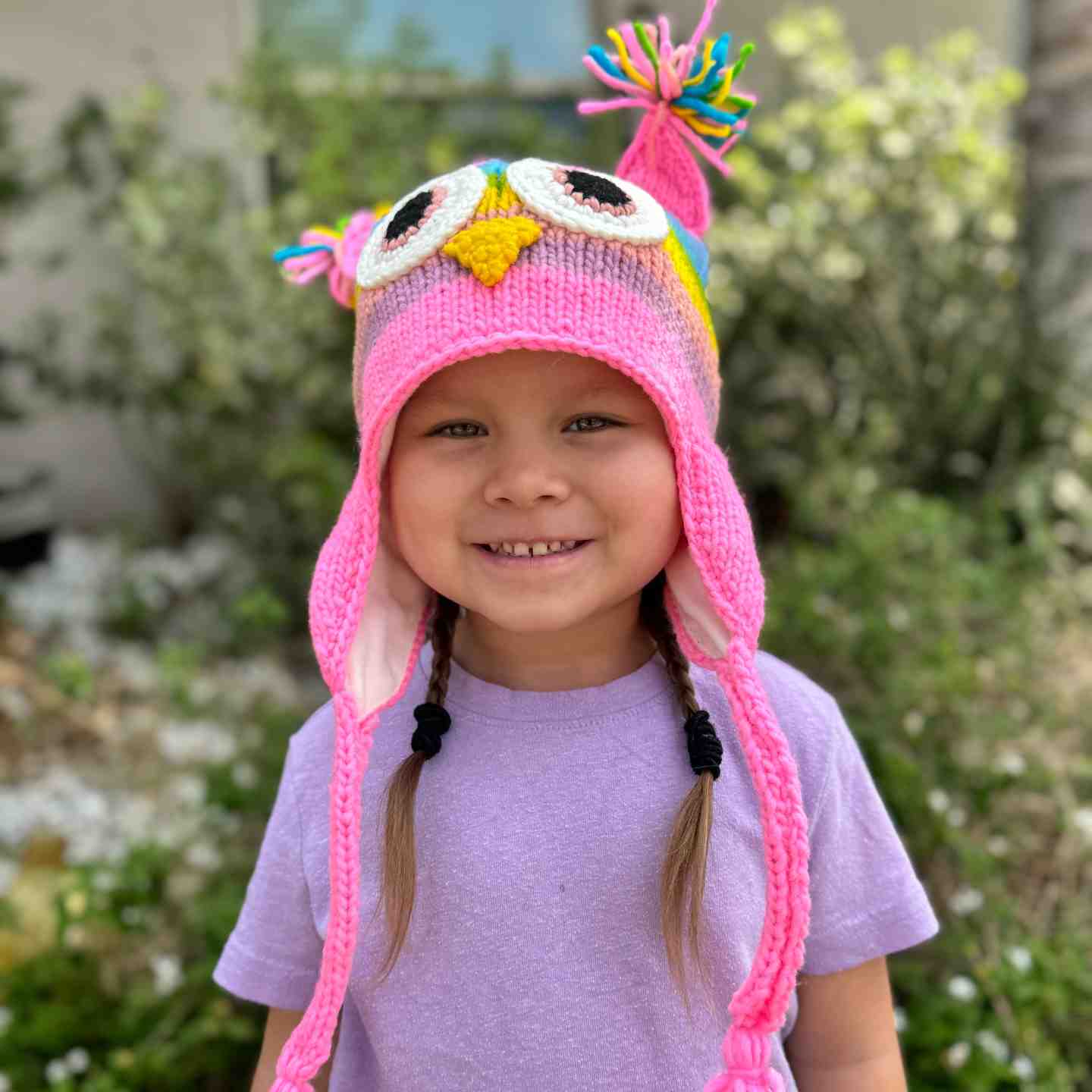 Rainbow Owl Beanie Hat 100% Wool Hand-Knitted Fleece Lined Stretchy Kids Adults Unisex