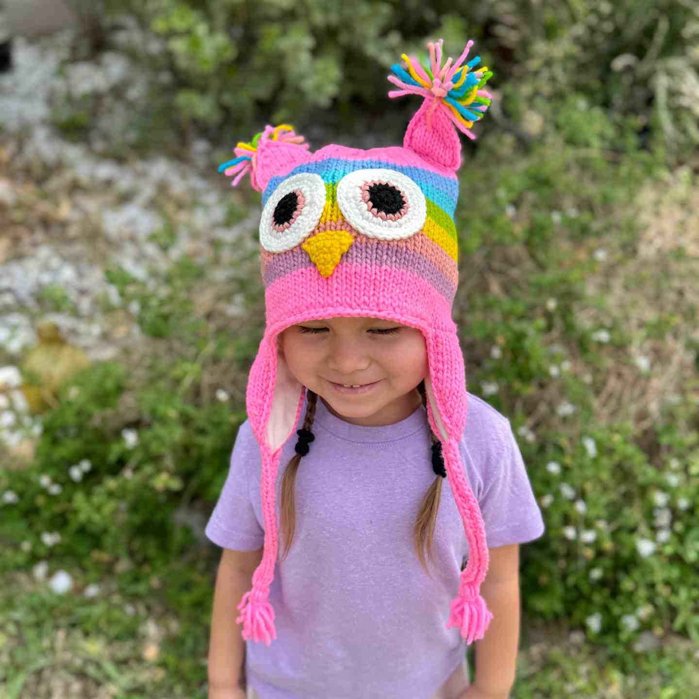 Rainbow Owl Beanie Hat 100% Wool Hand-Knitted Fleece Lined Stretchy Kids Adults Unisex