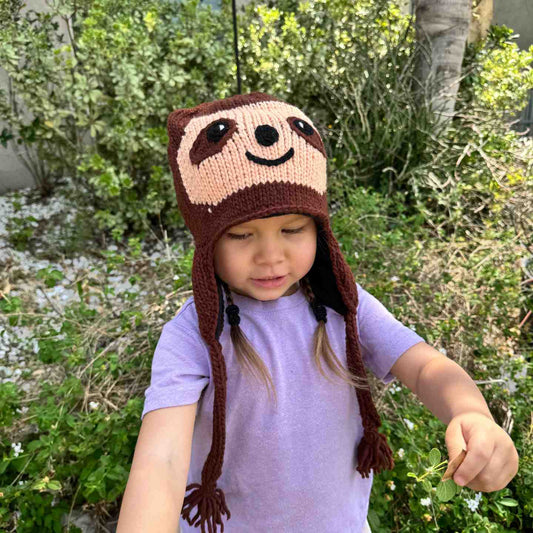 Sloth Beanie Hat Stretchy 100% Wool Hand-Knitted with Soft Fleece Lining Kids Adults Unisex