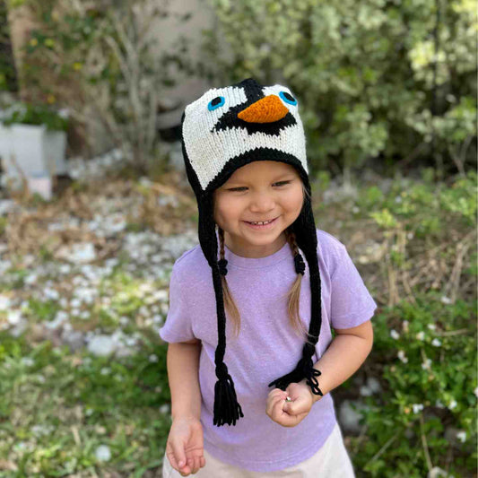 Penguin Beanie Hat 100% Wool Hand-Knitted Fleece Lined Stretchy Kids Adults Unisex