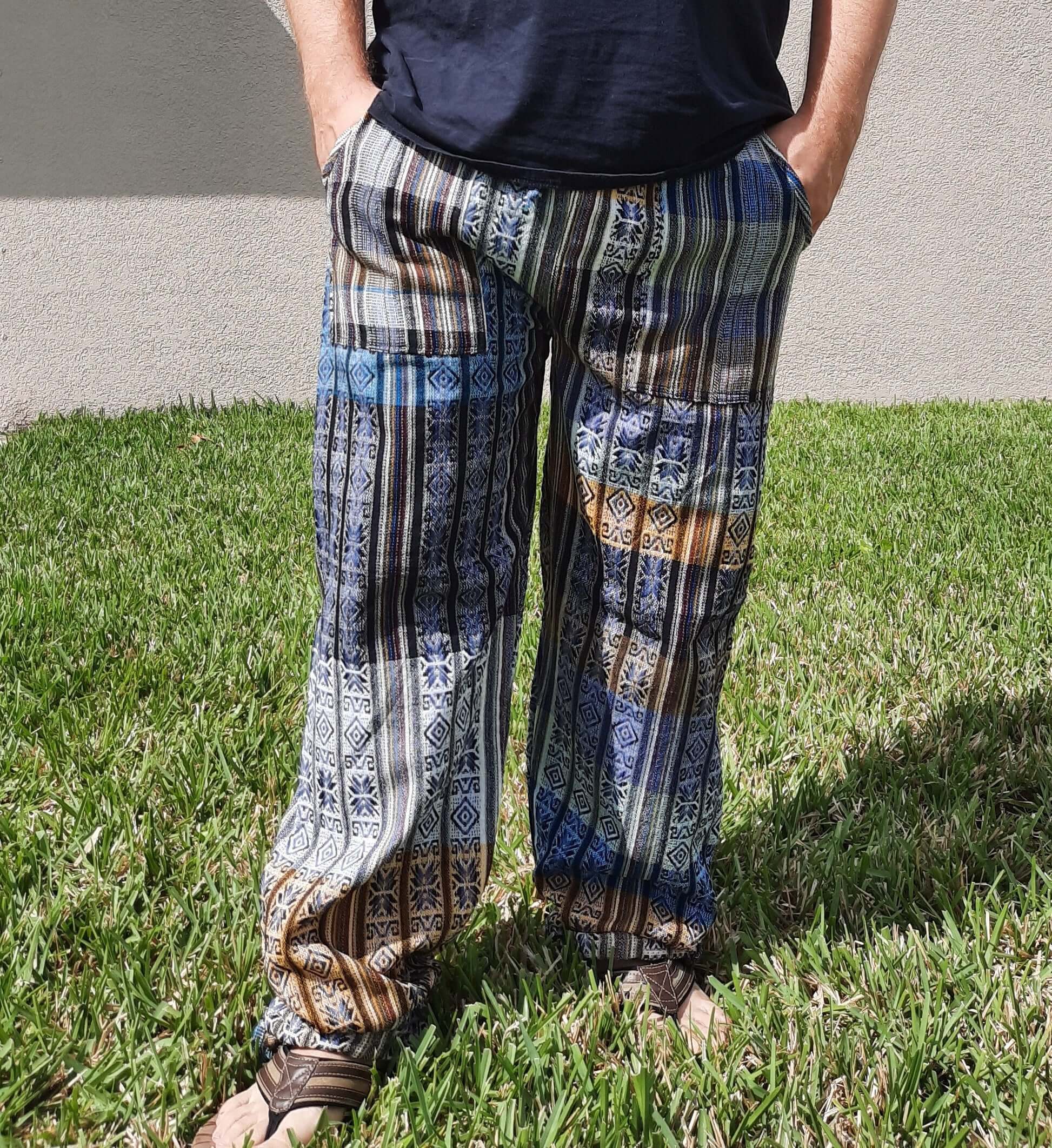 Pants Size L | Hippie Pants | Men Pants with Pockets | Comfy Pants | Yellow Blue | Lounge Wear | Father's Day Gift