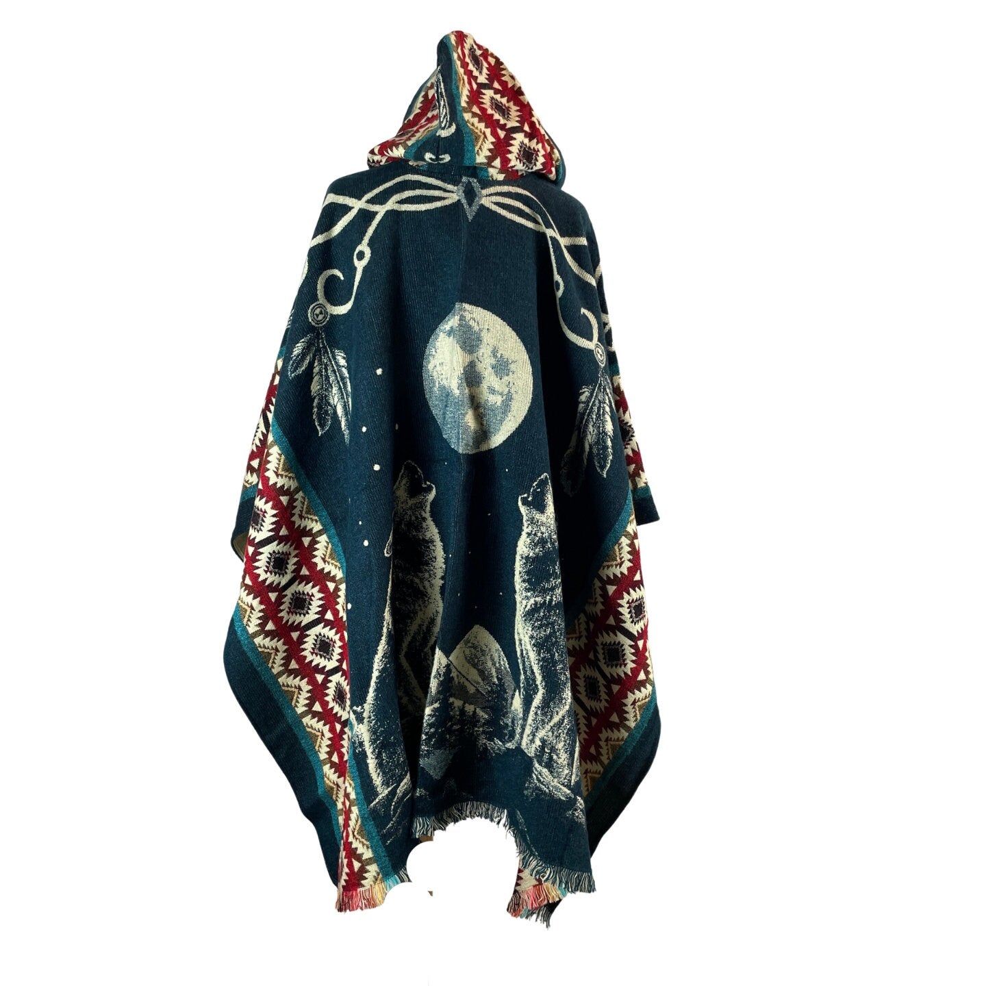 Two Wolves and Moon Poncho Hoodie | Demin Blue