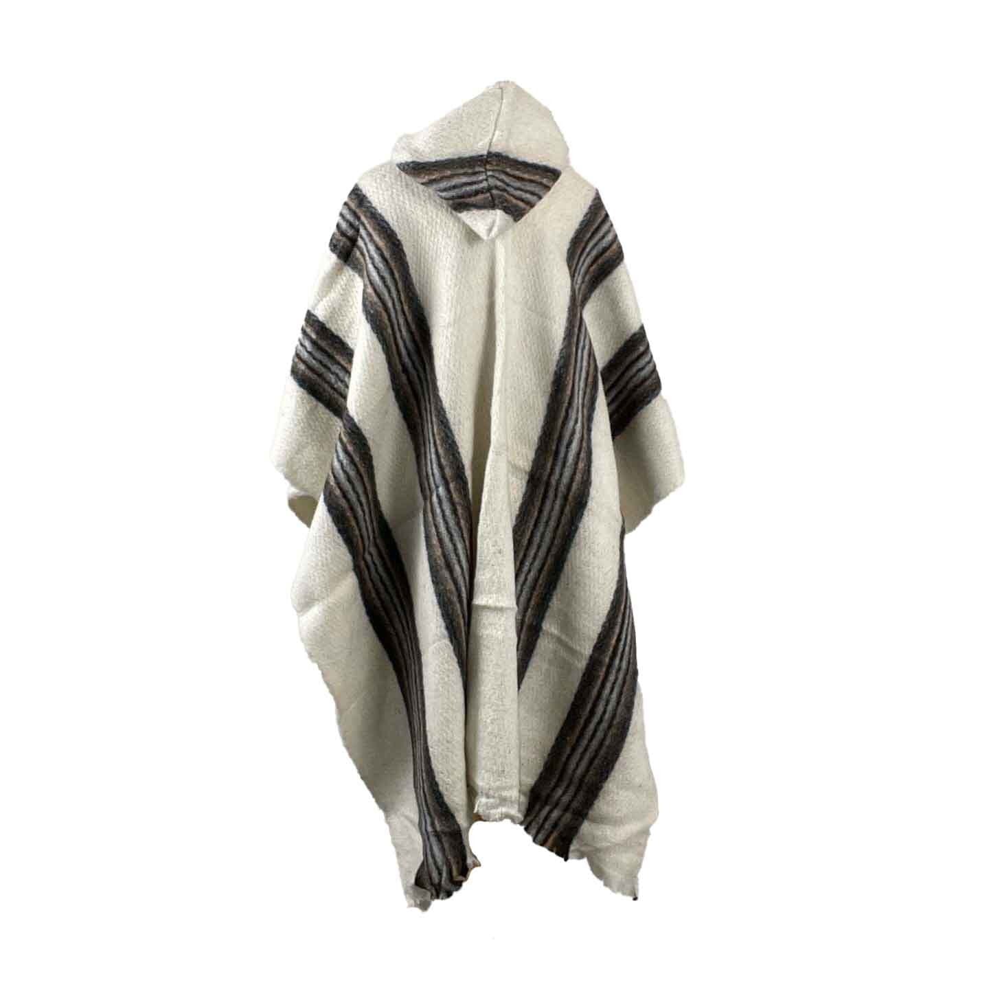 White Brown Hooded Wool Weighted Poncho