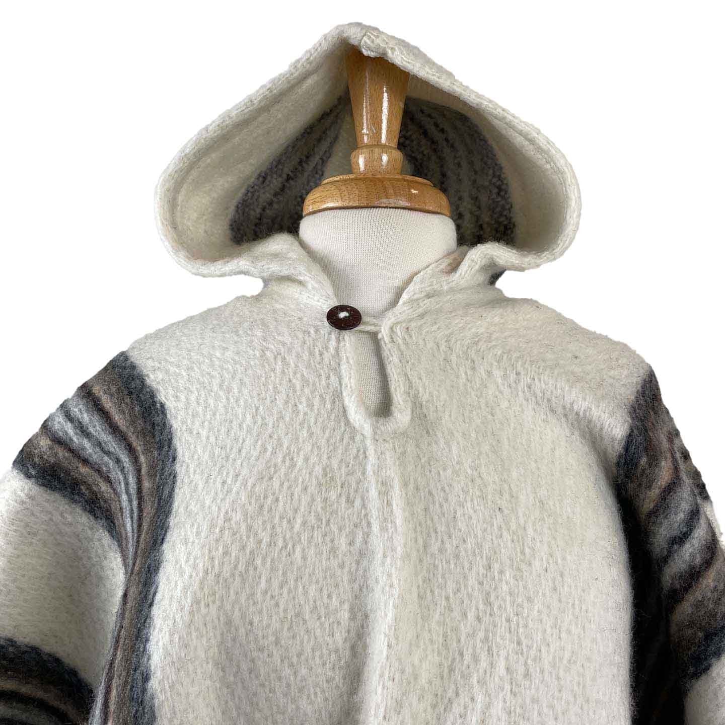 White Brown Hooded Wool Weighted Poncho