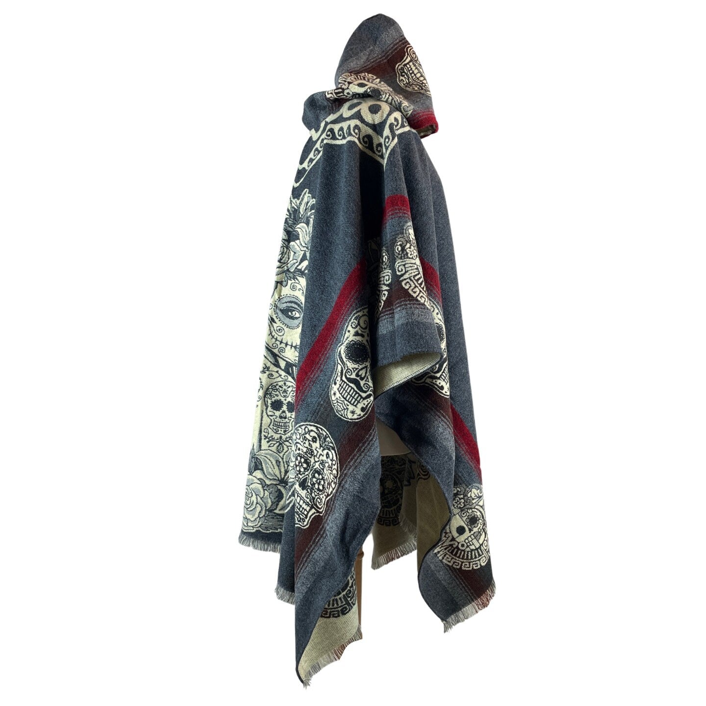 Warm Mens Alpaca Wool Poncho Hoodie | Gray Catrina Skull