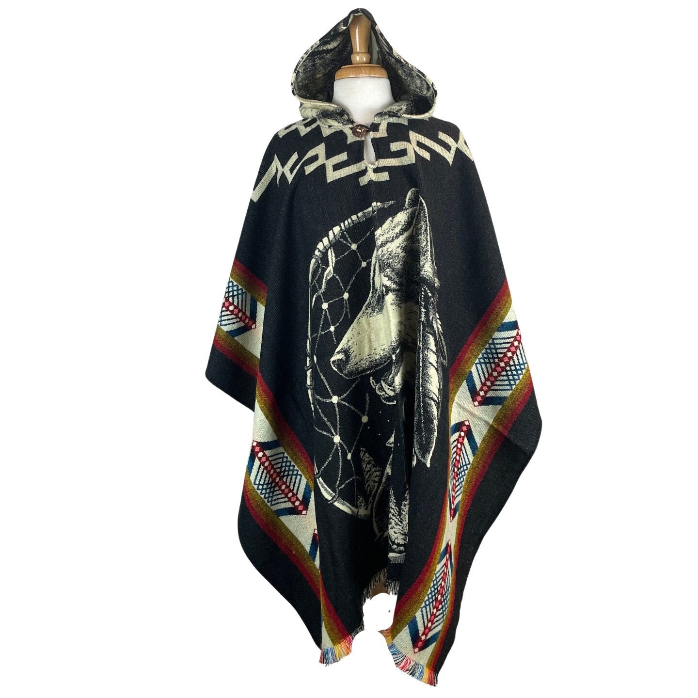 Wolf Dreamcatcher Hooded Poncho |  Black Colorful