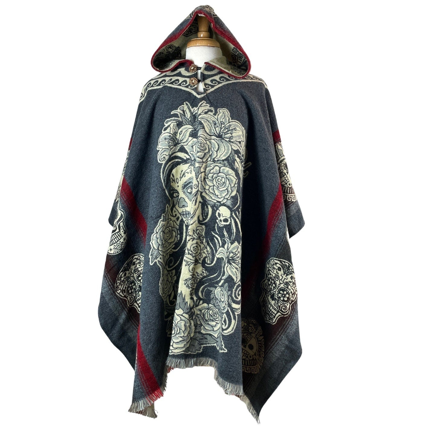 Warm Mens Alpaca Wool Poncho Hoodie | Gray Catrina Skull