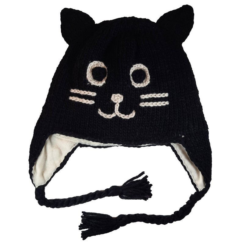 Cat and Mouse Beanie Hats 100% Wool Hand-Knitted Fleece Lined Stretchy Kids Adults