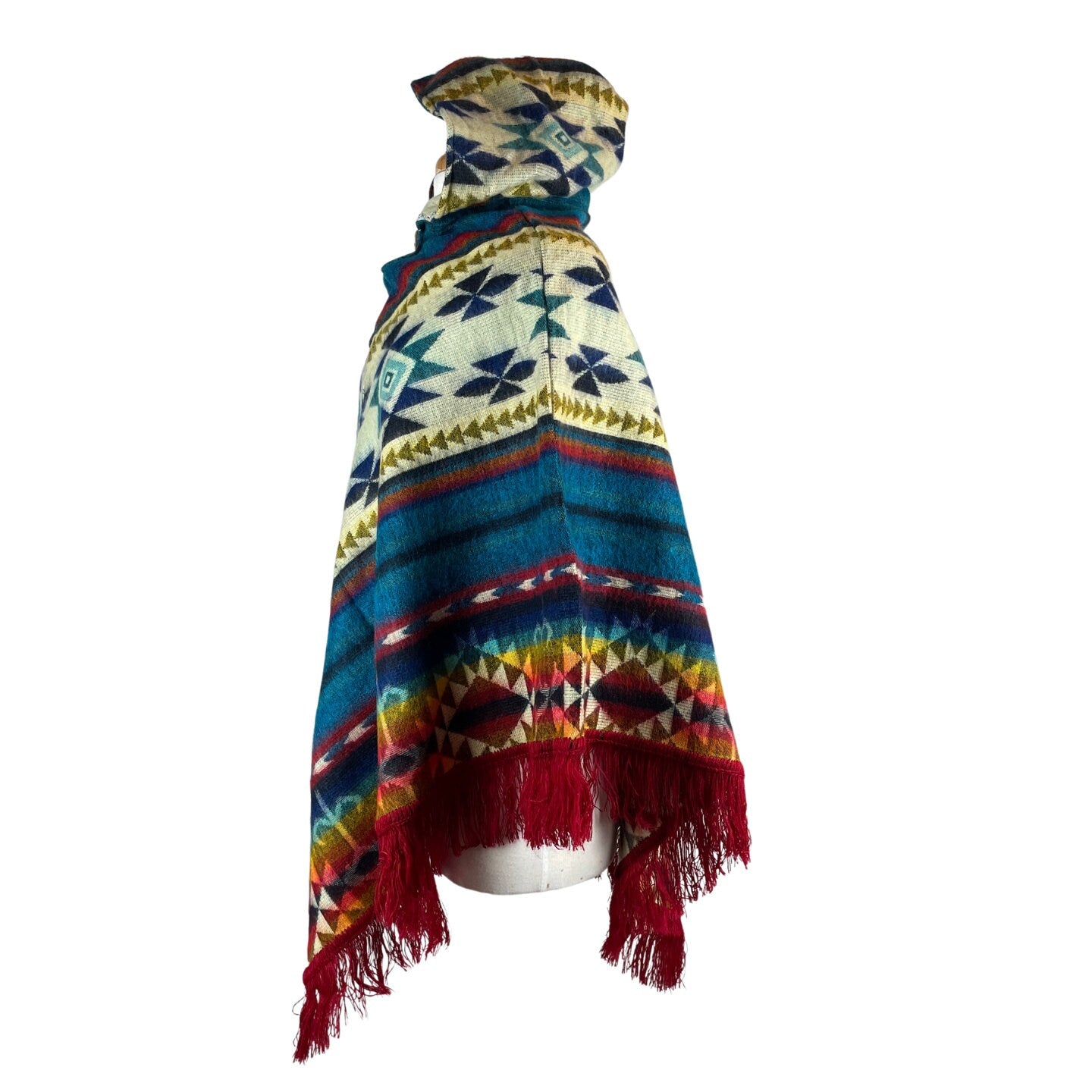 V-Shaped Alpaca Hooded Poncho | Turquoise Beige Rainbow