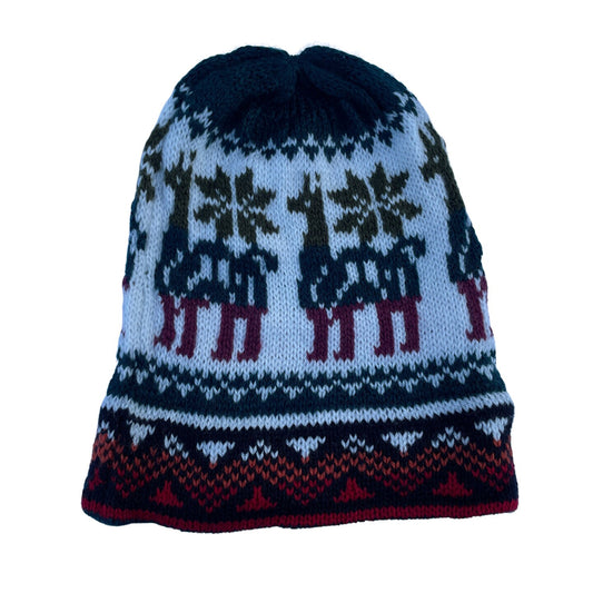 Knitted Alpaca Beanie Hat | Llama Emerald-Maroon