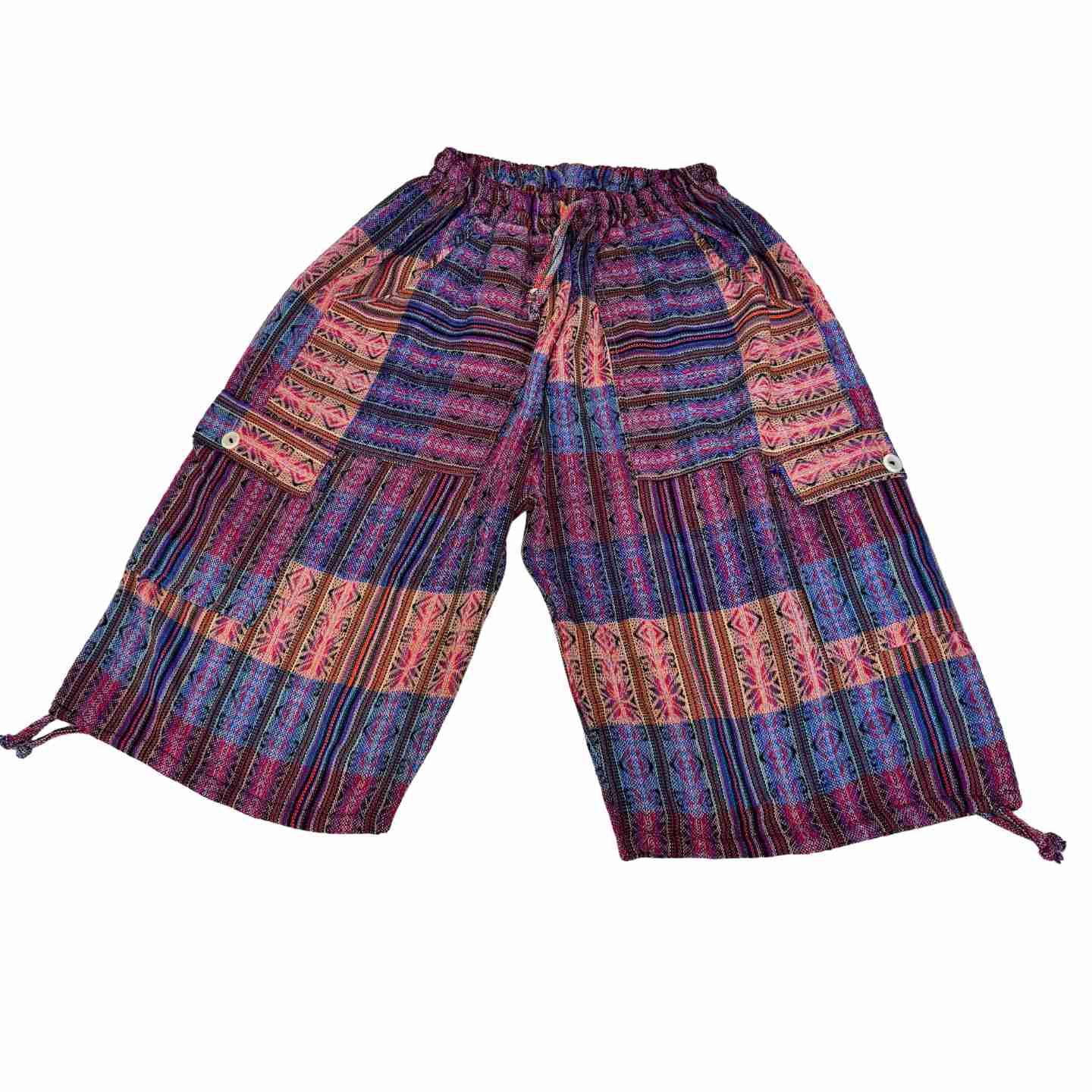 2XL Plus Size Boho Cargo Shorts – Unisex Baggy Festival Shorts, Handwoven Cotton, Earthy Patchwork Summer Wear, Relaxed Fit with Pockets