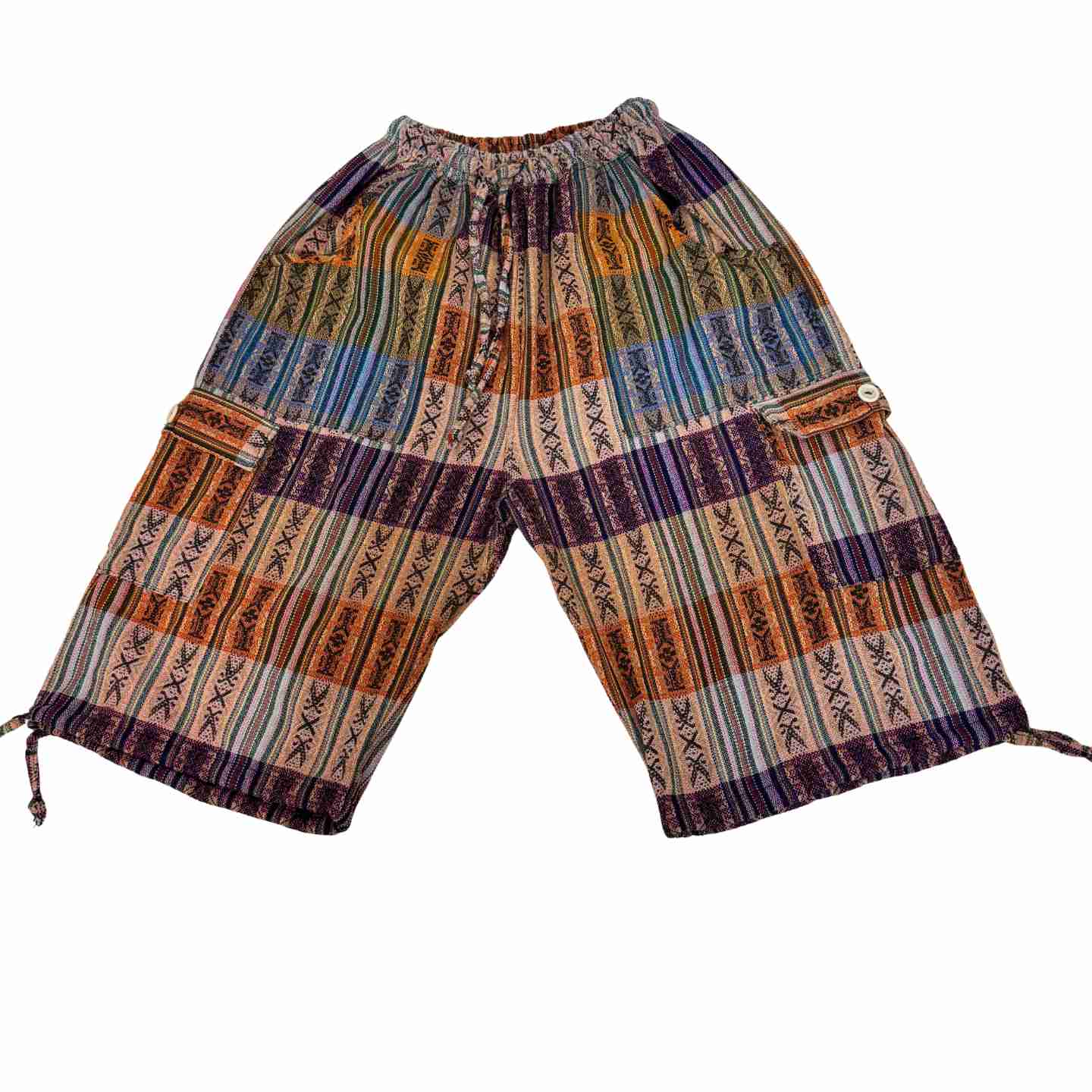 2XL Plus Size Boho Cargo Shorts – Unisex Festival Shorts, Handwoven Cotton