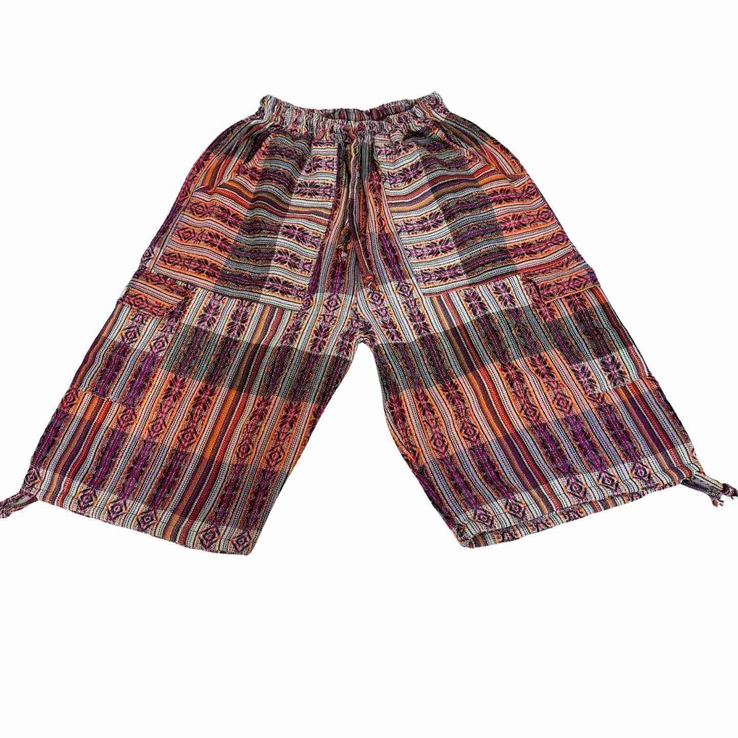 2XL Plus Size Boho Cargo Shorts – Unisex Baggy Festival Shorts, Handwoven Cotton, Earthy Patchwork Summer Wear, Relaxed Fit with Pockets