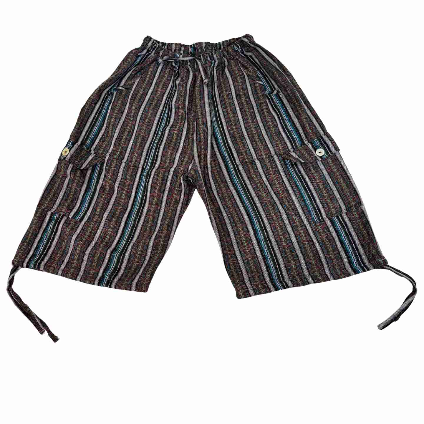 2XL Plus Size Boho Cargo Shorts – Unisex Baggy Festival Shorts, Handwoven Cotton, Earthy Patchwork Summer Wear, Relaxed Fit with Pockets