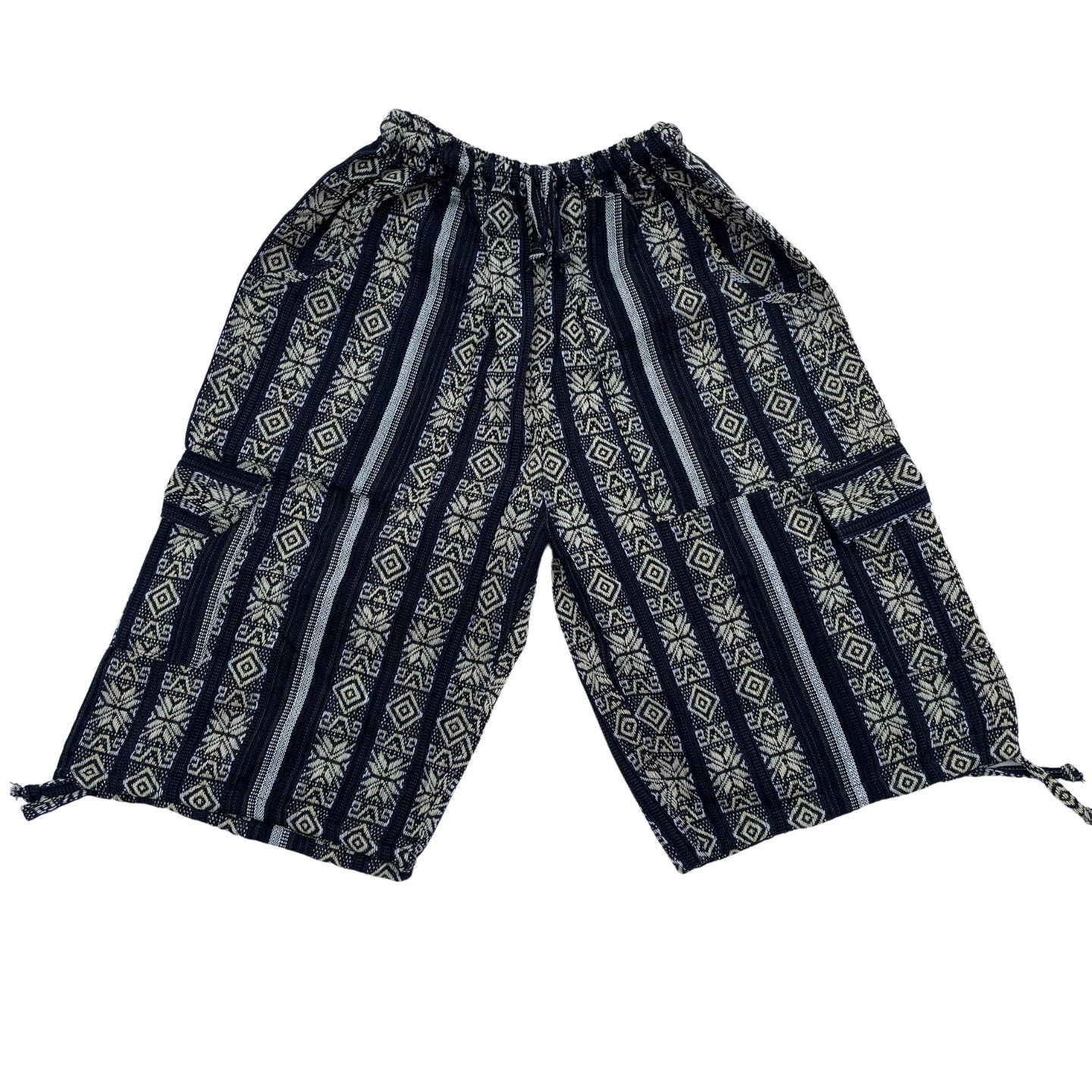 Unisex Woven Boho Cargo Shorts Size L | Hippie Shorts | Tribal Shorts |Black Gold