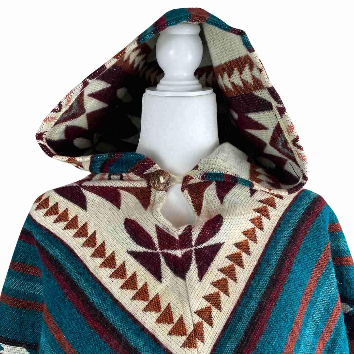 Warm Cozy Boho Alpaca Wool Hooded Poncho - Winter Soft Outerwear for Women, Dark Teal V Style Cape with Peanut Tassels