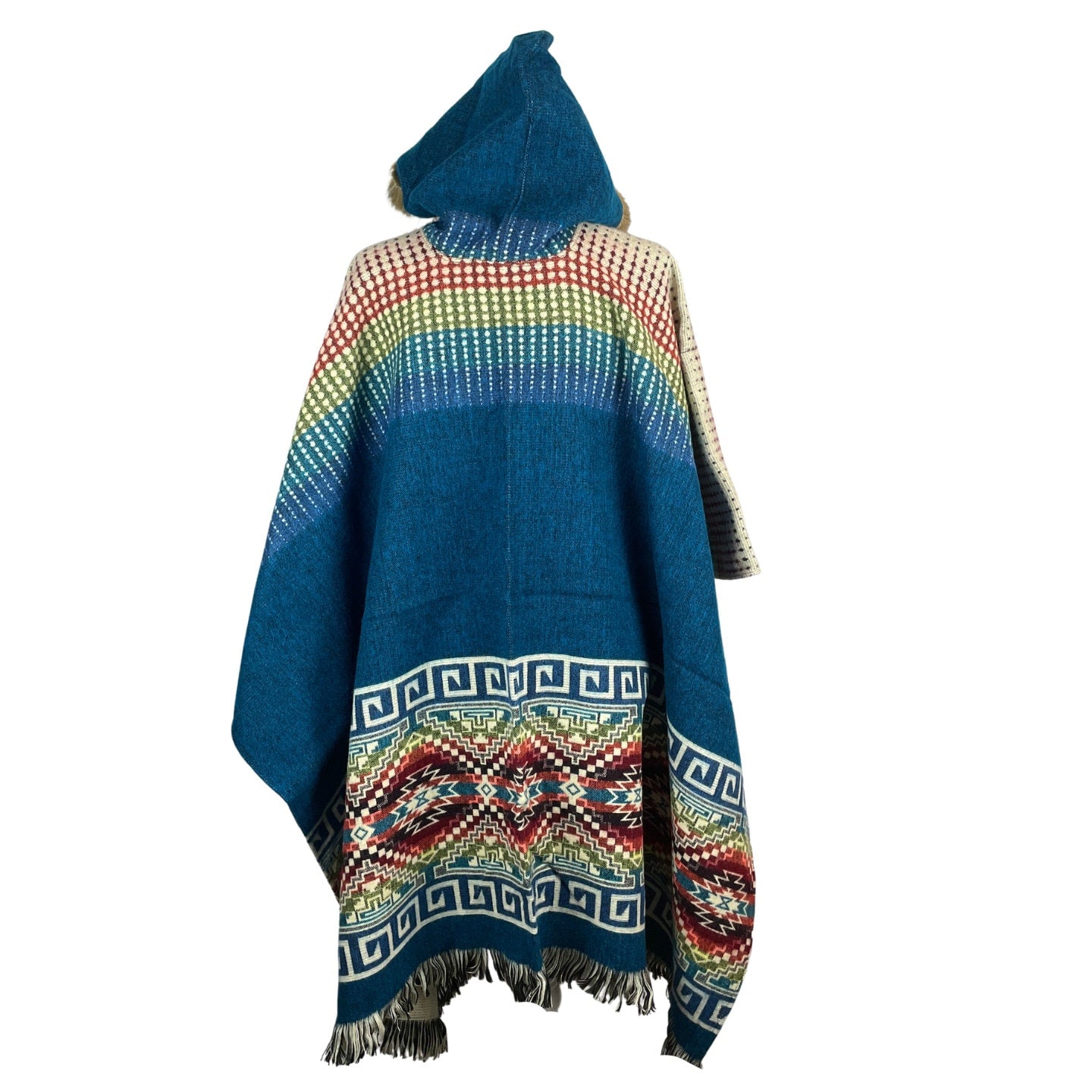Warm Faux Fur Hooded Hippie Poncho | Lapis Lazuli Colorful