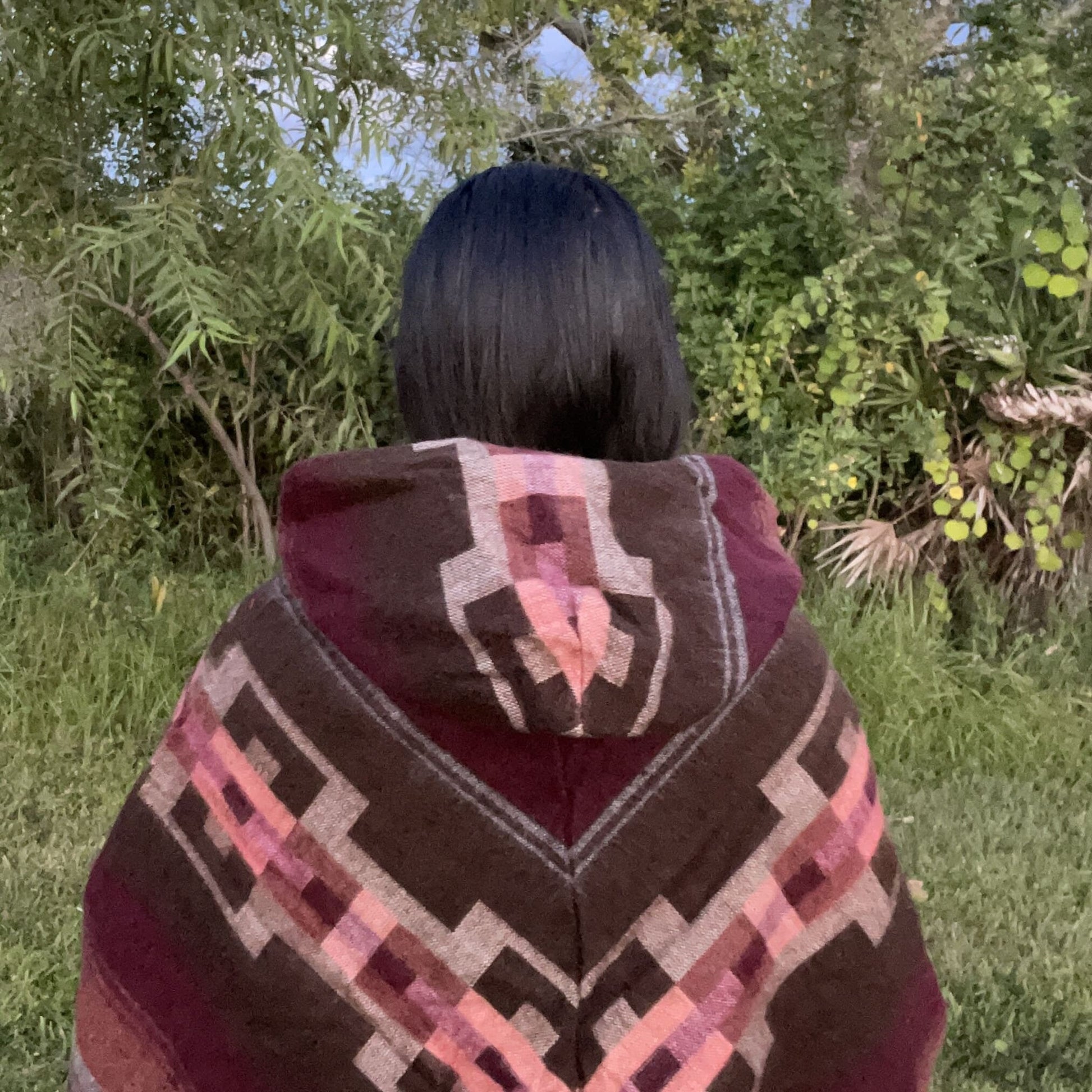 V Shaped Style Hooded Poncho with Fringes | Brown Maroon